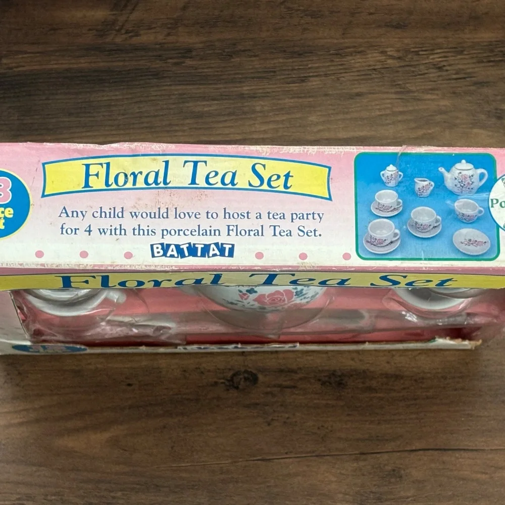 NIB VINTAGE 1998 Battat FLORAL TEA SET Play White Pink Rose Porcelain 13 pc NEW